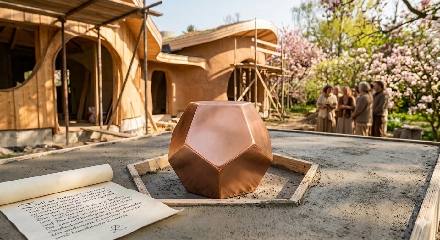 Pentagon-Dodekaeder aus Kupfer bei der Grundsteinlegung – platonischer Körper der Dodekaeder Manufaktur